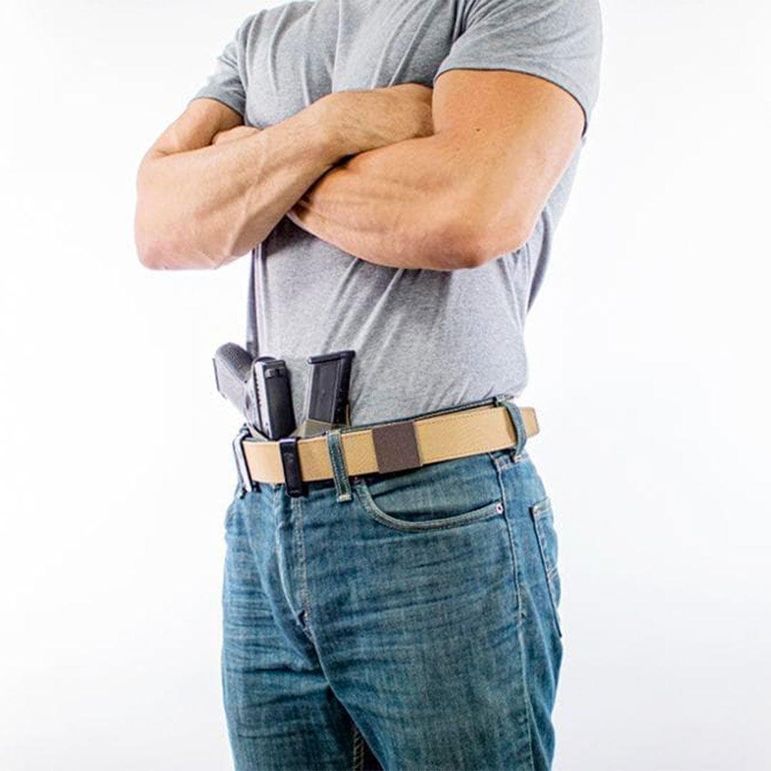 Nextbelt appendix belt for Every Day Carry. Buckle design frees up  space in front for you to carry your firearm or pistol or gun and extra magazines. Its buckle is sized 1 1/2  x 1 11/16" and can be worn front center, left hip, or hidden near the curve of the back. It is the most comfortable belt you'll own. 