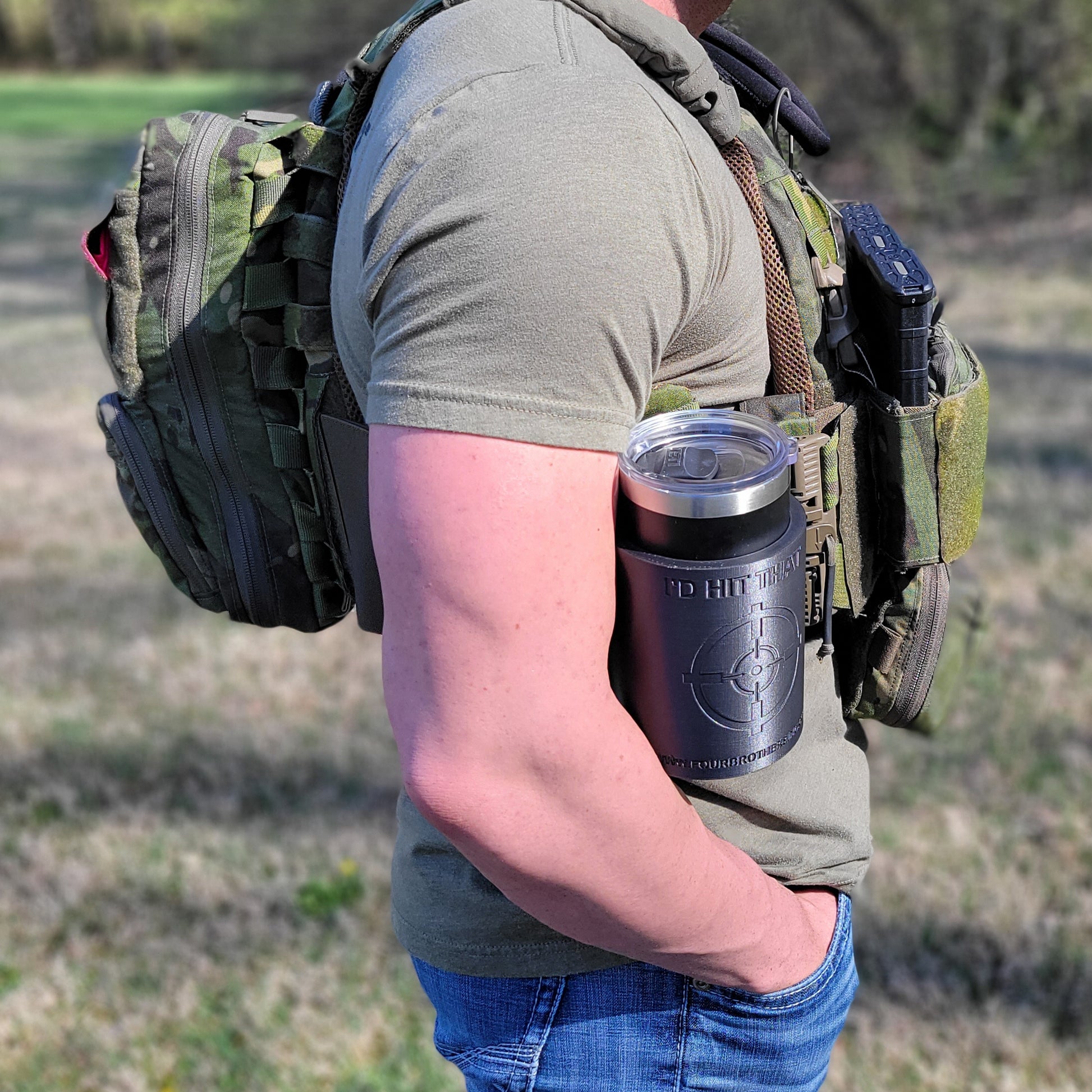 Our 3D-printed 20-ounce Yeti Cup Holder is printed in-house with PETG material with Molle, Tek-Lok, or Slide attachments from Four Brothers 4BROS Holsters.