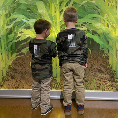 Limited edition woodland camo long sleeve shirt, modeled by the future executives of 4Bros LLC.  A fun one-time project from Four Brothers 4BROS Holsters.