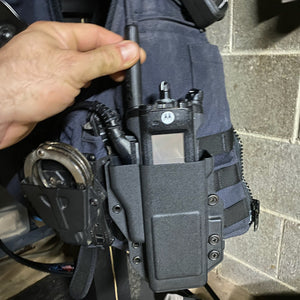 Outside Waistband Pancake style holster designed to fit the Motorola APX 6000, 7000 and 8000 series portable radios. Features: Molle attachments standard for mounting on Load Bearing Vests Molded with .080" thick thermoplastic for durability Holster covers the radio screen for added screen protection.