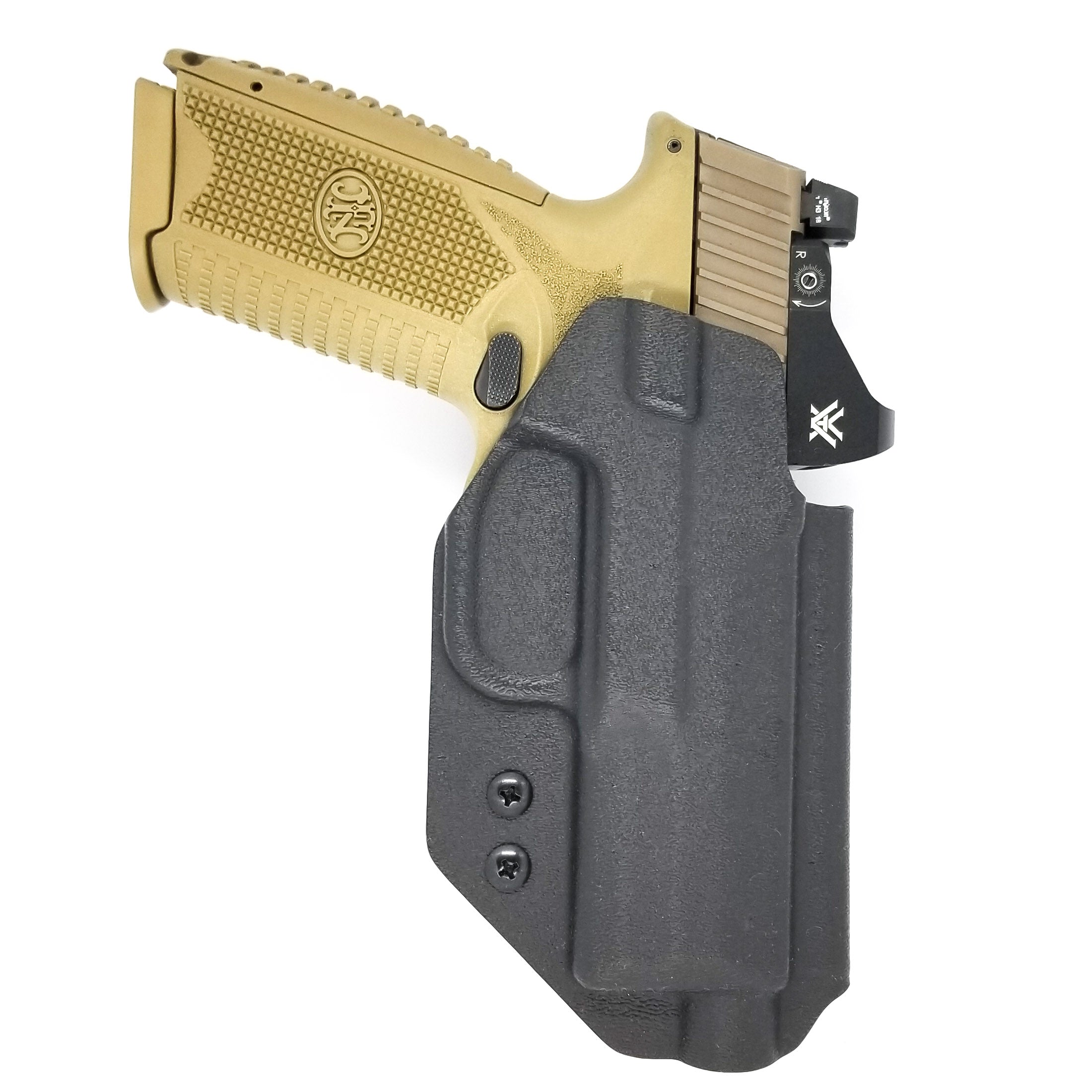 Best Outside Waistband Taco Style Holster for the FN 509 standard and 509 Tactical versions. Adjustable retention High sweat guard standard, medium and low height available on request. Custom material colors, patterns and belt attachments available upon request