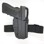 Outside Waistband Taco Style Holster designed to fit the Glock 17, 22, 19, 19x, 45 and 23.  Specifically designed for USPSA, 3-Gun, Steel Challenge and other competition shooting sports Made from .080" Thermoplastic. Adjustable retention Holster profile cut to allow red dot sights. Made in the USA