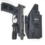 Inside Waistband Taco Style Holster designed to fit the FN 509, 509 Tactical, 509 LS Edge as well as the Apex Tactical 5.00" Slide with the Surefire X300U A or B model weapon mounted light. Adjustable retention and High sweat guard Holster is also built to accommodate compensators on the 509 Tactical