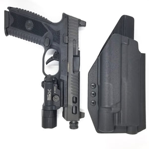 Outside Waistband Taco Style Holster designed to fit the FN 509, 509 Tactical, 509 LS Edge as well as the Apex Tactical 5.00" Slide with the Surefire X300U A or B model weapon mounted light. Adjustable retention High sweat guard standard. Holster will accommodate compensators on the 509 Tactical.