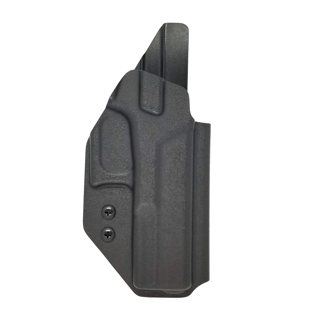 Outside Waistband Holster for the Glock 17, 22, 17 MOS, 22 MOS, Gen 4, Gen 5, Glock compact, Glock full size 9mm and 40 S&W frame pistols. Holster will fit 19, 23, 45 and others in the size family. Holster is cleared for a red dot sight. Adjustable Retention, molded with .080" Kydex, made in the USA.
