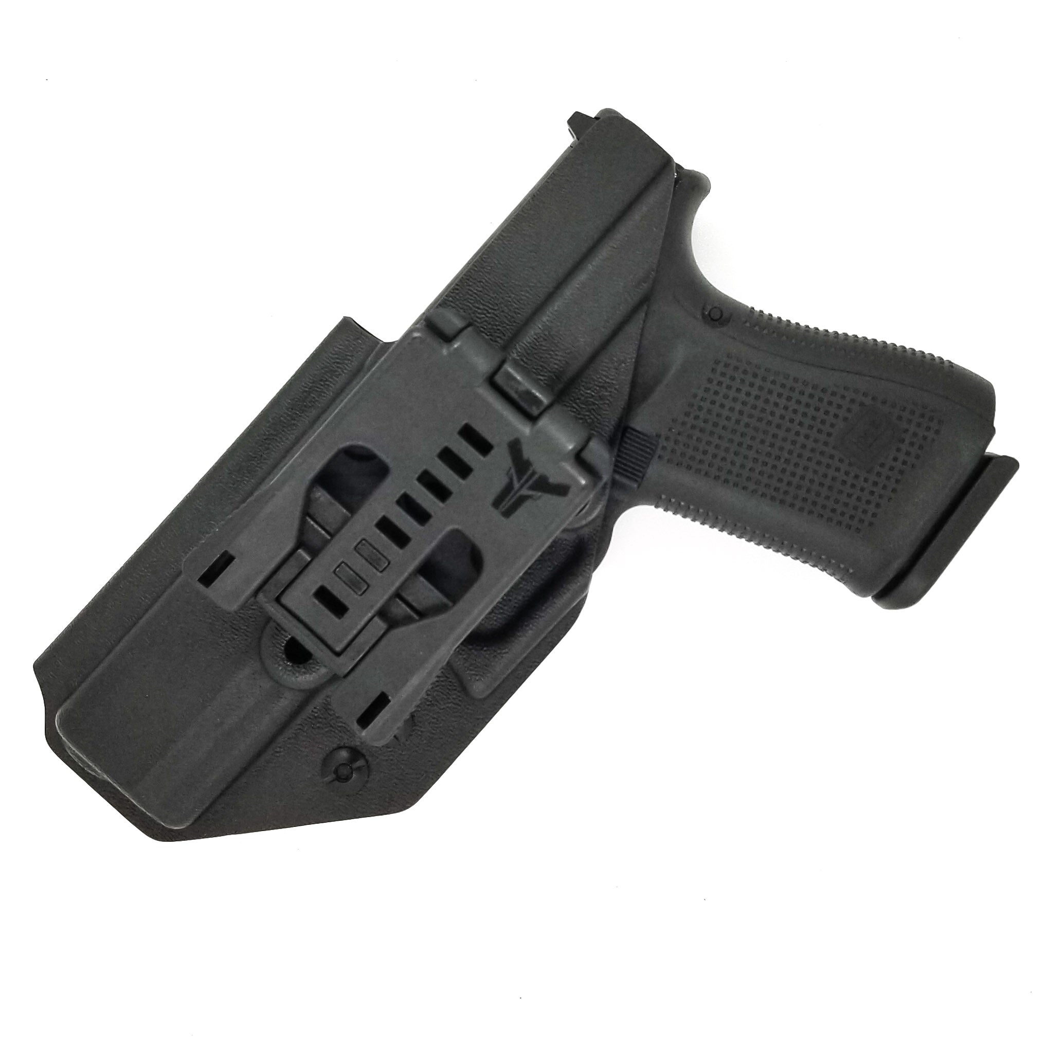 Outside Waistband Holster for the Glock 17, 22, 17 MOS, 22 MOS, Gen 4, Gen 5, Glock compact, Glock full size 9mm and 40 S&W frame pistols. Holster will fit 19, 23, 45 and others in the size family. Holster is cleared for a red dot sight. Adjustable Retention, molded with .080" Kydex, made in the USA.