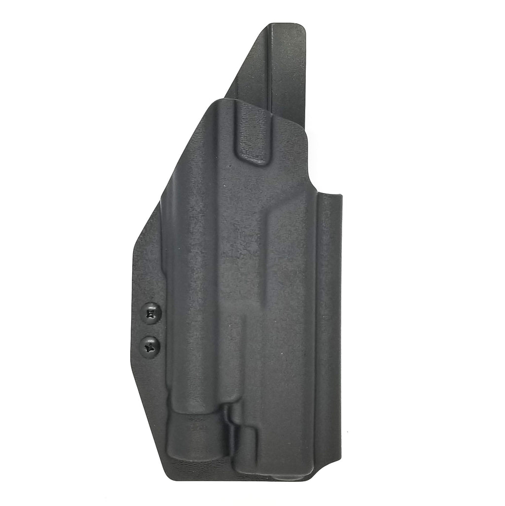 Outside Waistband Holster designed to fit Generation 3 or 4 Glock compact and full size pistols with Olight PL-Pro Valkyrie or PL-2 Valkyrie weapon mounted light, including 19, 23, 32, 17, 22, 31, 34 and 35 models. Adjustable retention on the weapon mounted light itself. Cleared for red dot. High sweat guard.