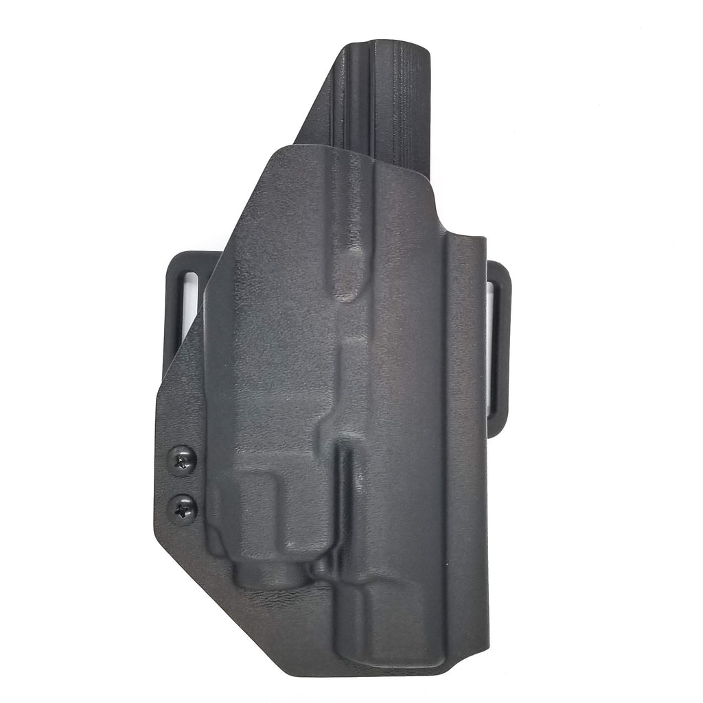 Outside Waistband OWB Taco Style Holster designed to fit 5" Walther PPQ M2 pistol with Streamlight TLR-8 or TLR-8A weapon mounted light. Adjustable retention High sweat shield and slide protection standard, medium and low height available on request.