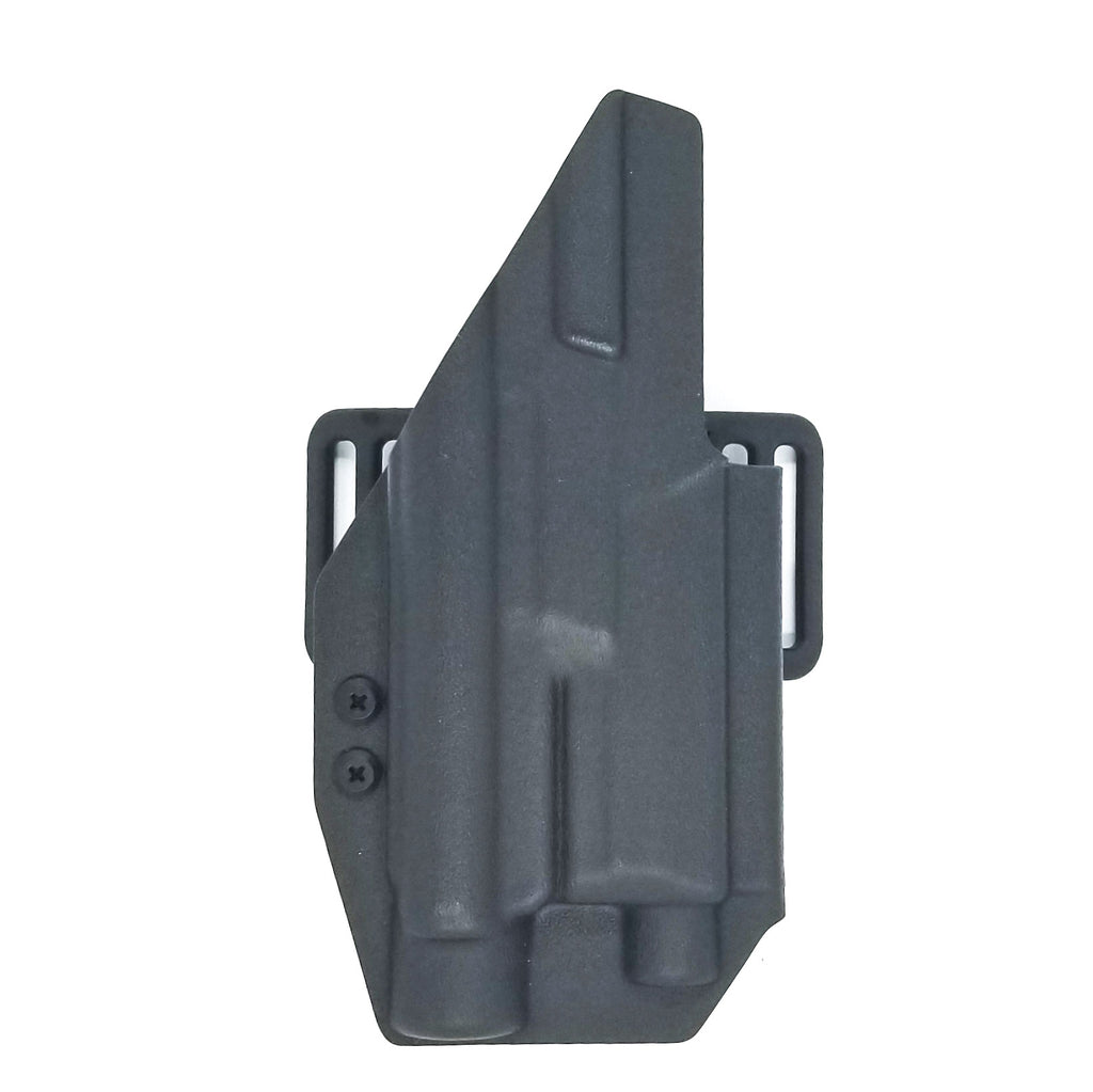 Best Outside Waistband Taco Style Holster designed to fit the FN 509 and 509 Tactical with the OLight PL-Pro Valkyrie or PL-2 Valkyrie weapon mounted light. Holster is designed to fit both lights. Adjustable retention High sweat shield and slide protection standard, medium and low height available on request.