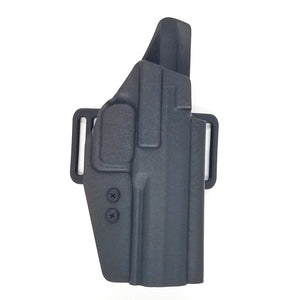 Outside Waistband Taco Style Holster designed to fit the Canik TP9 full size pistols. Holster is designed with adjustable retention High sweat shield and open muzzle design to allow threaded barrels and to allow dust, debri and that pesky last brass case to pass right on through.