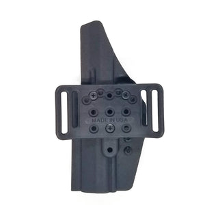 Outside Waistband Taco Style Holster designed to fit the Canik TP9SFX full size pistols. Adjustable retention and high sweat shield. .080" Thermoplastic. Removeable threadlocker applied to all screws. Open muzzle for threaded barrels and to allow dust, debri and that pesky last brass case to pass right on through.