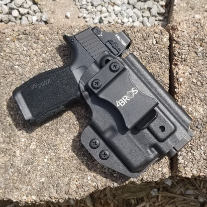 Inside Waistband Holster designed to fit the Sig P365 or P365X pistol with Streamlight TLR-6 light. Holster has adjustable retention,  high sweat shield standard. Profile of the holster cut to allow a red dot sight.  Open muzzle for threaded barrels.