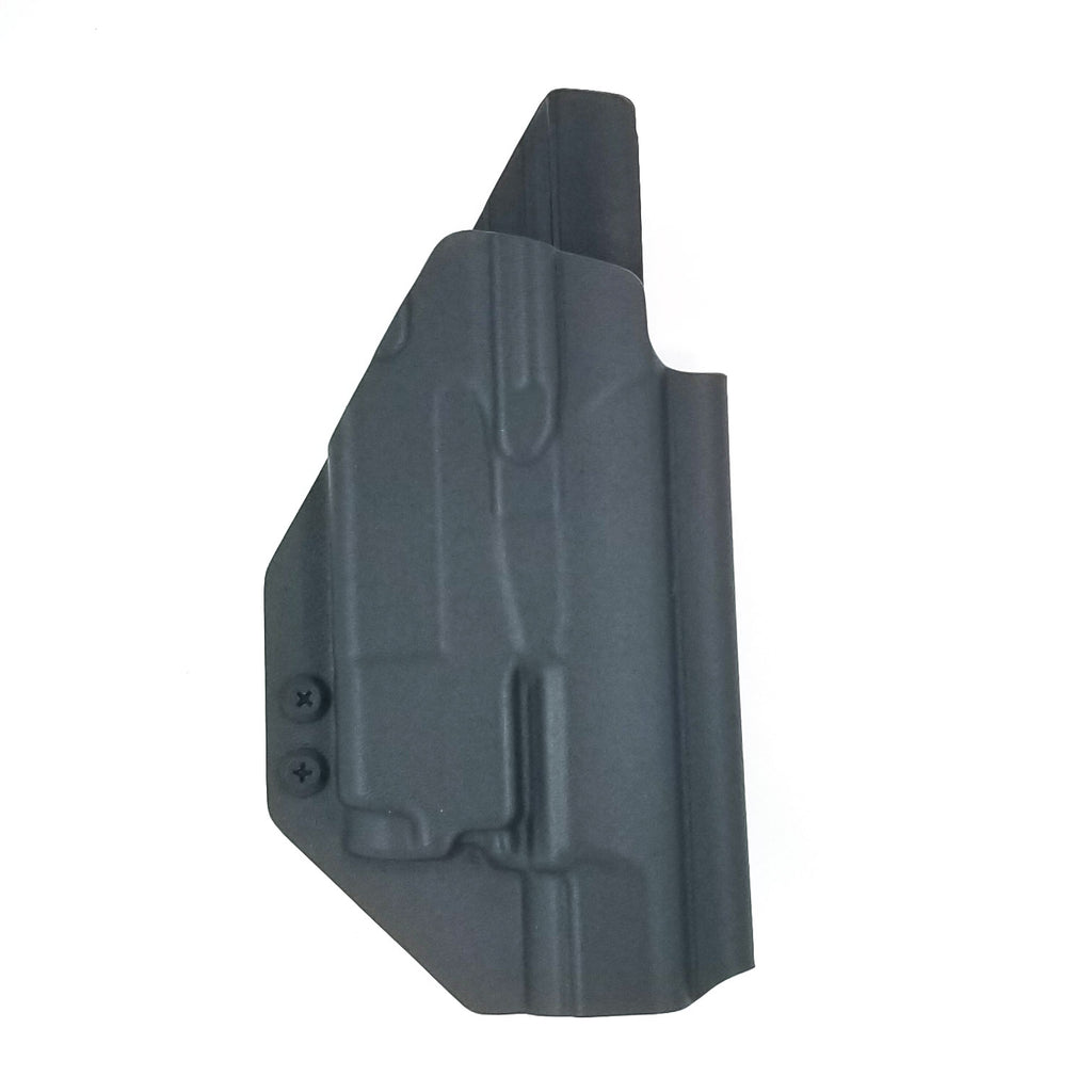 Outside Waistband Taco Style Holster for a Walther PPQ M2 4" pistol with Olight Baldr Mini weapon mounted light. Adjustable retention High sweat shield standard, medium and low height available on request. Manufactured with .080" thermoplastic for durability. Proudly made in the USA
