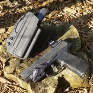 Outside Waistband OWB Kydex holster designed to fit the Sig Sauer P365XL, P365X, P365XL Spectre, P365X/XL RomeoZero, and P365 SAS with GoGuns Gas Pedal. Adjustable retention, high sweat guard, and cleared for red dot sights. Proudly made in the USA with .080" thick material.