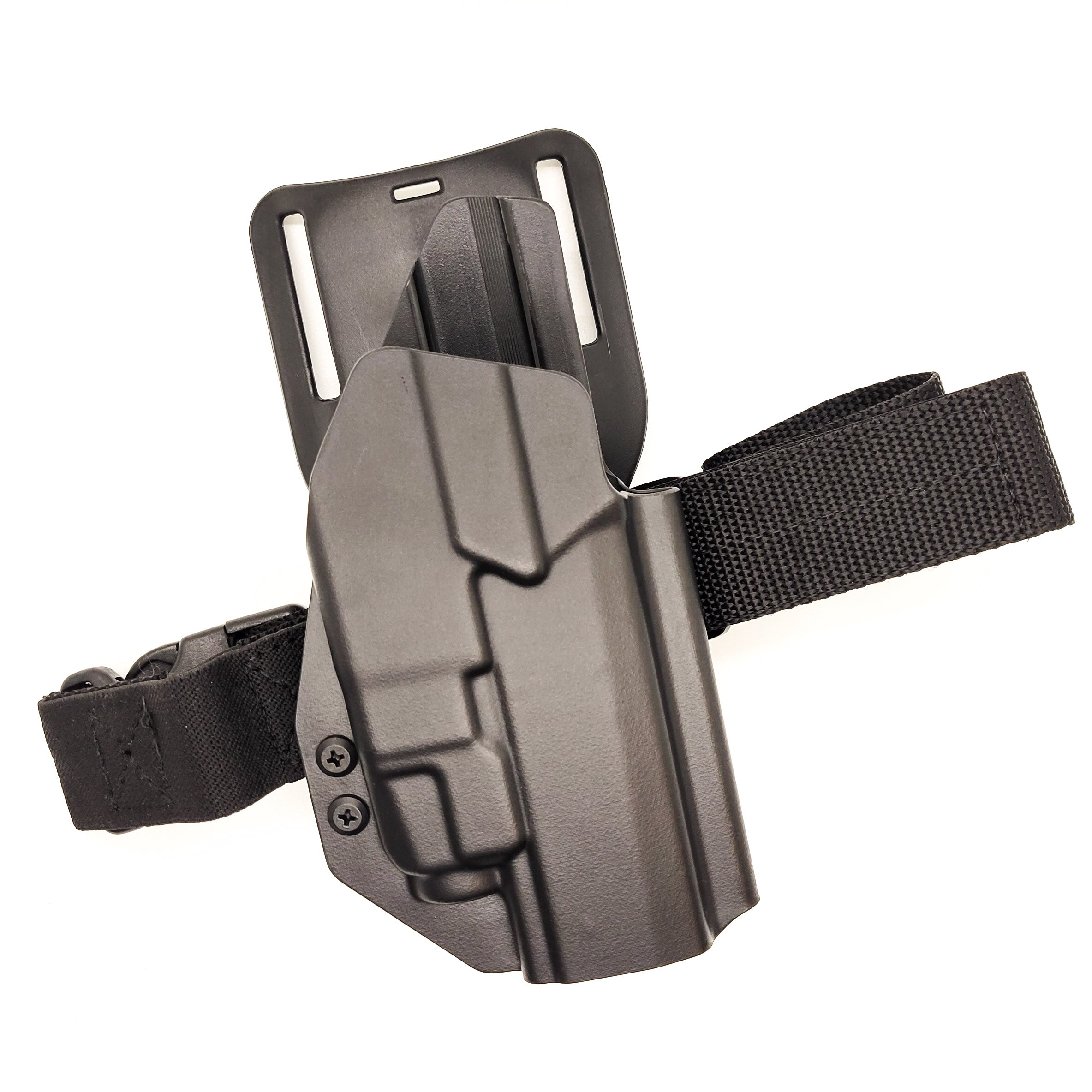 Outside Waistband Holster designed to fit the Full Size and Carry P320 series with Streamlight TLR-7 and TLR-7A weapon mounted light and GoGuns USA Gas Pedal Holster will accommodate the M17, M18 and X-Five models as well as the Carry and Compact using our competition belt mounting options.   The holster retention is on the light itself, this holster will NOT work without the TLR-7 or TLR-7A light attached to the firearm.