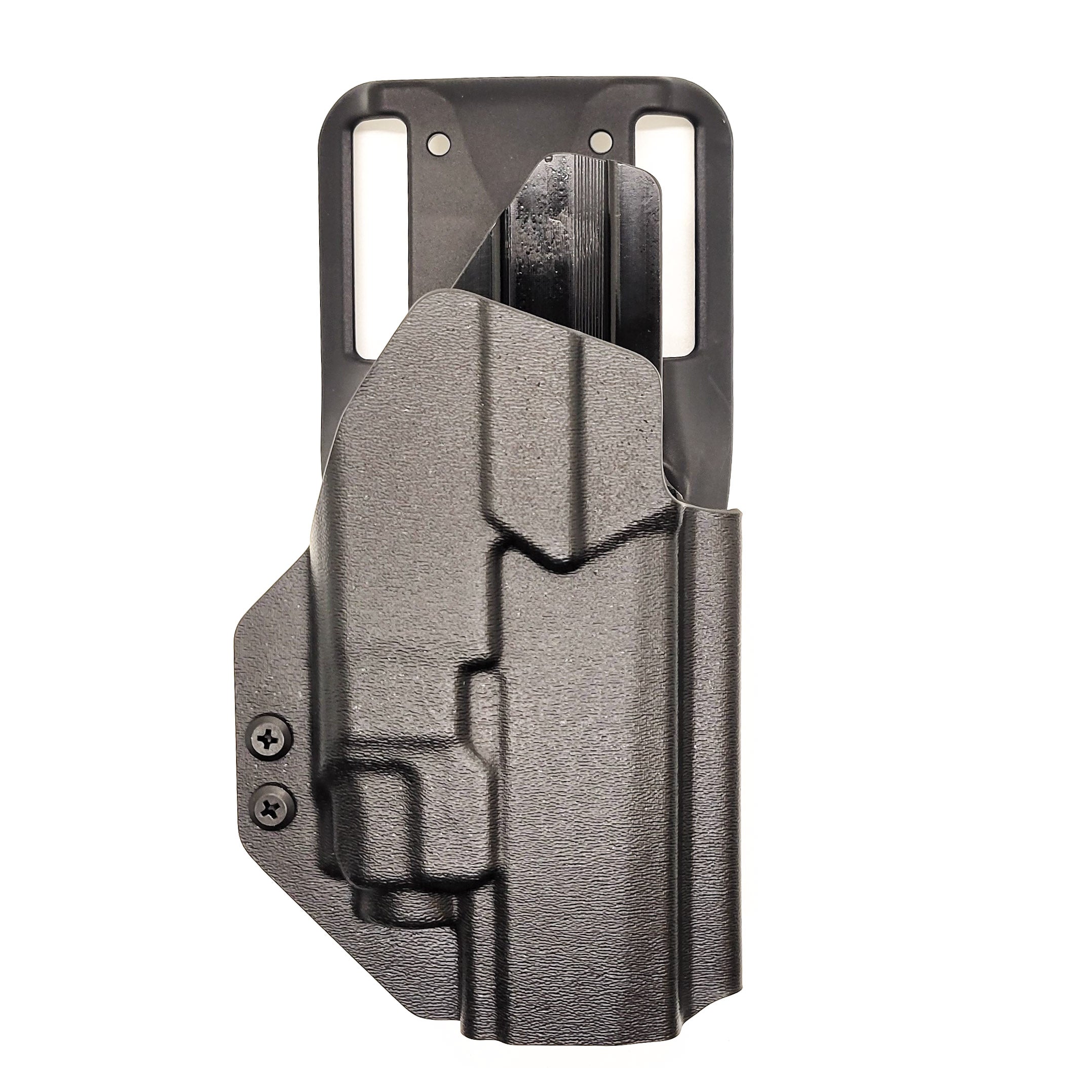 Outside waistband duty/competition style holster designed to fit the Full Size and Carry P320 series with Streamlight TLR-8 and TLR-8A weapon mounted light and Align Tactical Thumb Rest Takedown Lever. Holster will accommodate the M17, M18, and X-Five models as well as the Carry and Compact using our competition belt mounting options. 