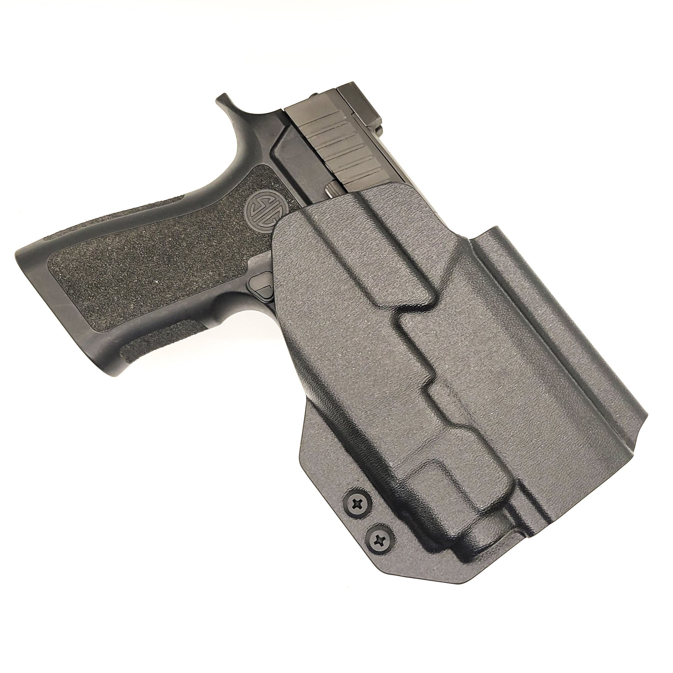 Outside Waistband Holster designed to fit the Sig Sauer P320 Compact, Carry, and M18 pistols with the Streamlight TLR-8 or TLR-8A light and Align Tactical Thumb Rest Takedown lever mounted to the pistol.
