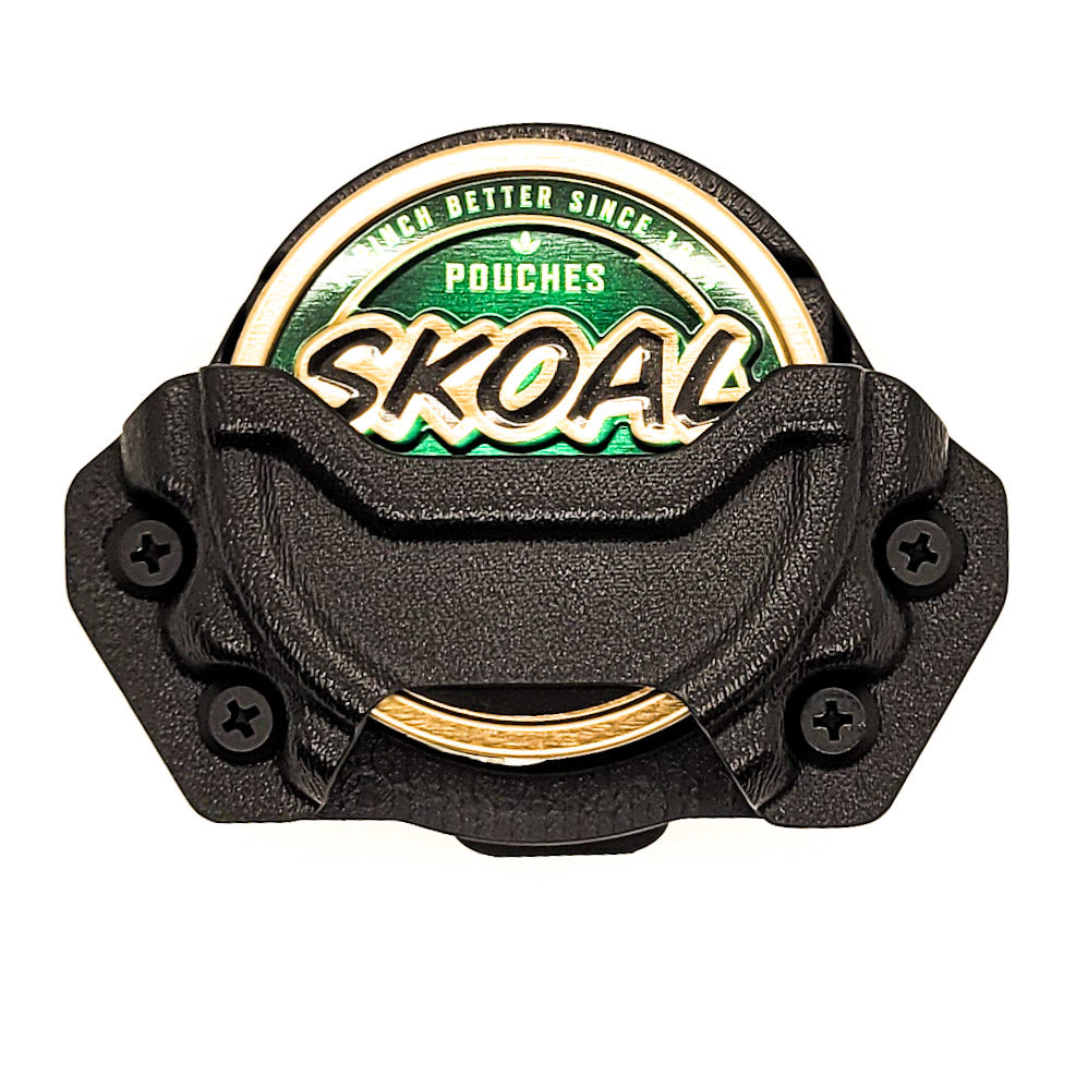 For the best Kydex dip can (or chew can) holster is designed to ride on your belt and hold your favorite adult lip candy securely, shot Four Brothers Holsters. Our Dip Can Holster is manufactured with adjustable retention and is confirmed to fit Grizzly, Skoal, Kodiak and Copenhagen chew cans. Other cans will also fit.