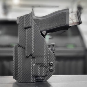 Inside Waistband Taco Style Holster for the Sig Sauer P320 Compact, Carry or M18 with TLR-8 or TLR-8A mounted to the pistol  Retention of the holster works directly with the light; the holster will not hold the pistol without the light mounted correctly.