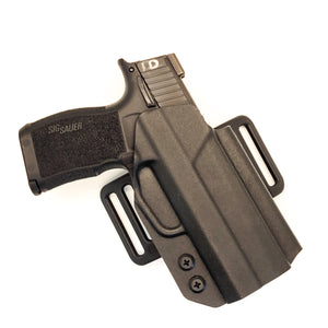 Outside waistband holster designed to fit the Sig Sauer P365 and P365XL pistol series with the Tactical Development Pro Ledge Tactical Application Rail installed.  This holster will fit the Sig P365, P365X, P365XL Spectre, P365 XL RomeoZero, P365X RomeoZero, P365 SAS and P365XL Spectre Comp with the Tactical Development Pro Ledge Tactical Application Rail.