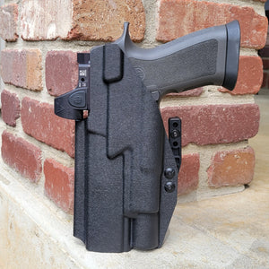 Inside Waistband Holster designed to fit the Sig Sauer P320 Full Size and Carry pistols with the Surefire X300U-A or X300U-B light mounted to the pistol. The holster retention is on the light itself and not the pistol, which means the holster will not work without the light mounted on the firearm.  This holster will fit the M18, M17 and X-Five models.