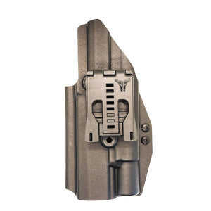 Outside Waistband Holster designed to fit the Sig Sauer P320 Full Size, Carry, M17. M18 and X-Five pistols with the Surefire X300U-A or X300U-B light and Align Tactical Thumb Rest Takedown Lever mounted to the pistol. The holster retention is on the light itself and not the pistol, which means the holster will not work without the light mounted on the firearm.