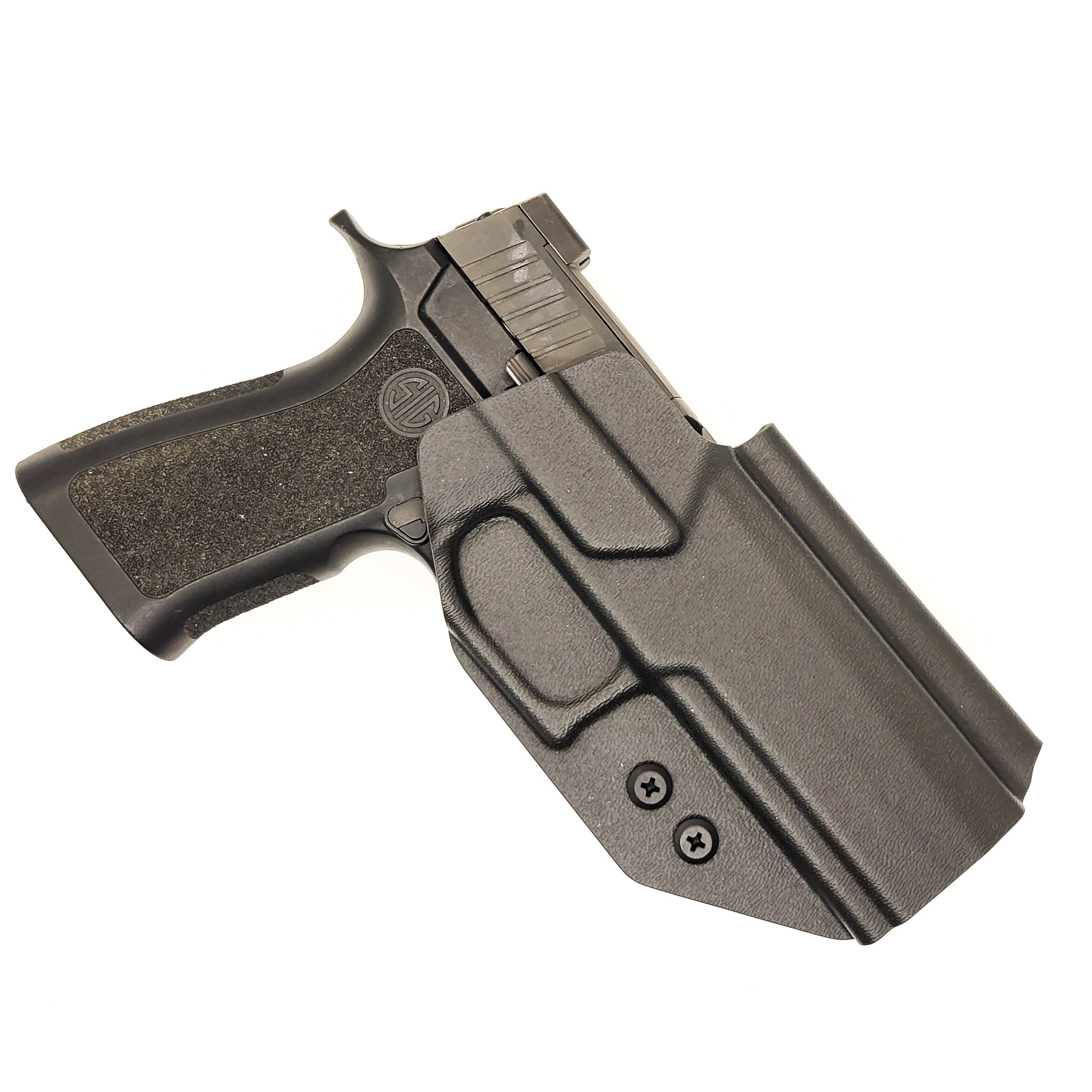 Outside Waistband Kydex Holster designed to fit the Sig Sauer P320 Carry, Compact, and M18 pistols and Wilson Combat Carry grip module with the GoGunsUSA Gas Pedal. Adjustable retention, open muzzle for threaded barrels and compensators & cleared for red dot sights. Made in USA by law enforcement and military veterans.