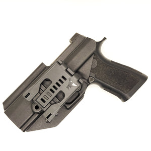 Outside Waistband Kydex Holster designed to fit the Sig Sauer P320 Carry, Compact, and M18 pistols and Wilson Combat Carry grip module with the Align Tactical Thumb Rest Takedown Lever. Adjustable retention, open muzzle for threaded barrels and compensators & cleared for red dot sights. Made in USA. 