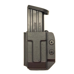 Best OWB Outside Kydex Magazine Pouch designed to fit double stack 10mm and 45 ACP pistol magazines from Sig Sauer, Glock, FN, Walther, Ruger, Smith & Wesson. Magazine retention is adjustable with the Magazine Retention Device and a 1/8" Allen wrench. The holster will allow bullets forward & bullets back orientation. 