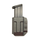 Best OWB Outside Kydex Magazine Pouch designed to fit double stack 10mm and 45 ACP pistol magazines from Sig Sauer, Glock, FN, Walther, Ruger, Smith & Wesson. Magazine retention is adjustable with the Magazine Retention Device and a 1/8" Allen wrench. The holster will allow bullets forward & bullets back orientation. 
