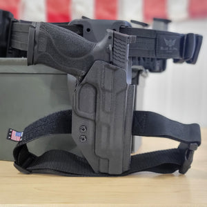 Outside Waistband Kydex Duty and Competition Holster designed to fit the Smith and Wesson M&P 10MM M2.0 4" and 4.6" pistols with or without the thumb safety with a closed muzzle design for harsh environments. Full sweat guard, adjustable retention, cleared for red dot sight. Made in USA for veterans & law enforcement.