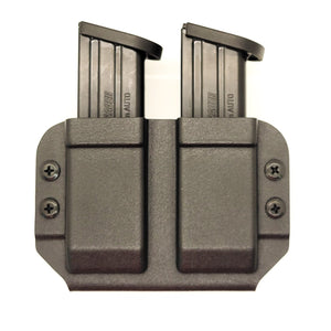 Best Dual Magazine Holster designed to fit double stack 10mm and 45 ACP pistol magazines from Sig Sauer, Glock, FN, Walther, Ruger, Smith & Wesson, and others. Magazine retention is adjustable with the Magazine Retention Device and a 1/8" Allen wrench. Pouch will allow bullets forward or bullets back mag orientation. 