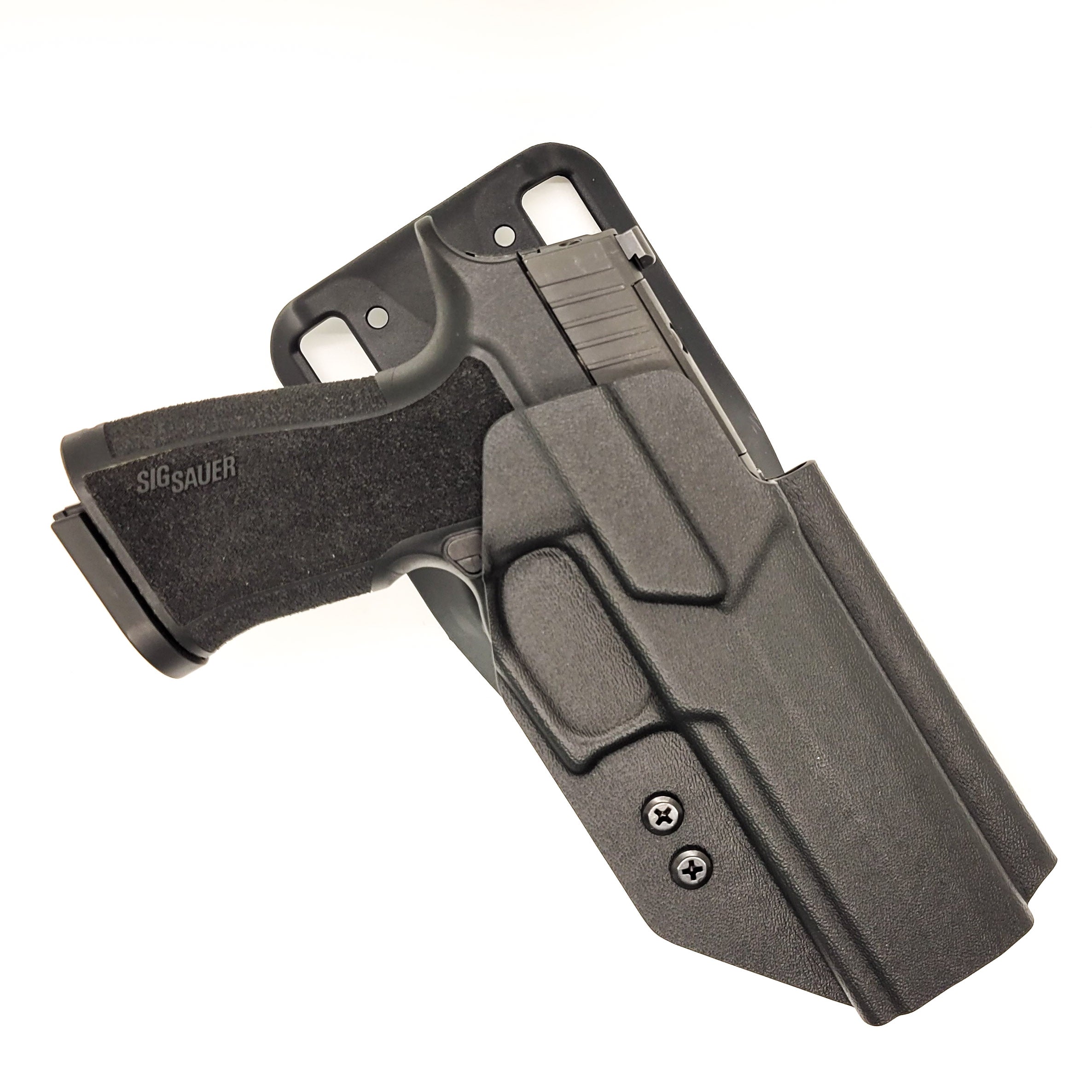 Outside Waistband Duty and Competition Style Holster designed to fit the Sig Sauer P320-XTEN 10MM. The holster is designed to be used for hunting, competition and light duty carry. The retention of the holster is o the trigger guard and provides that "audible click" that Kydex holsters are famous for. 