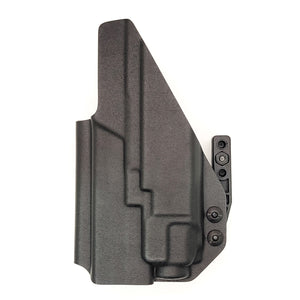 Inside Waistband Holster designed to fit the Springfield Hellcat Pro pistol with the Streamlight TLR-8 & TLR-8A light mounted to the handgun. The holster retention is on the light itself and not the pistol. Full sweat guard, adjustable retention, minimal material, and smooth edges to reduce printing. Made in the USA.