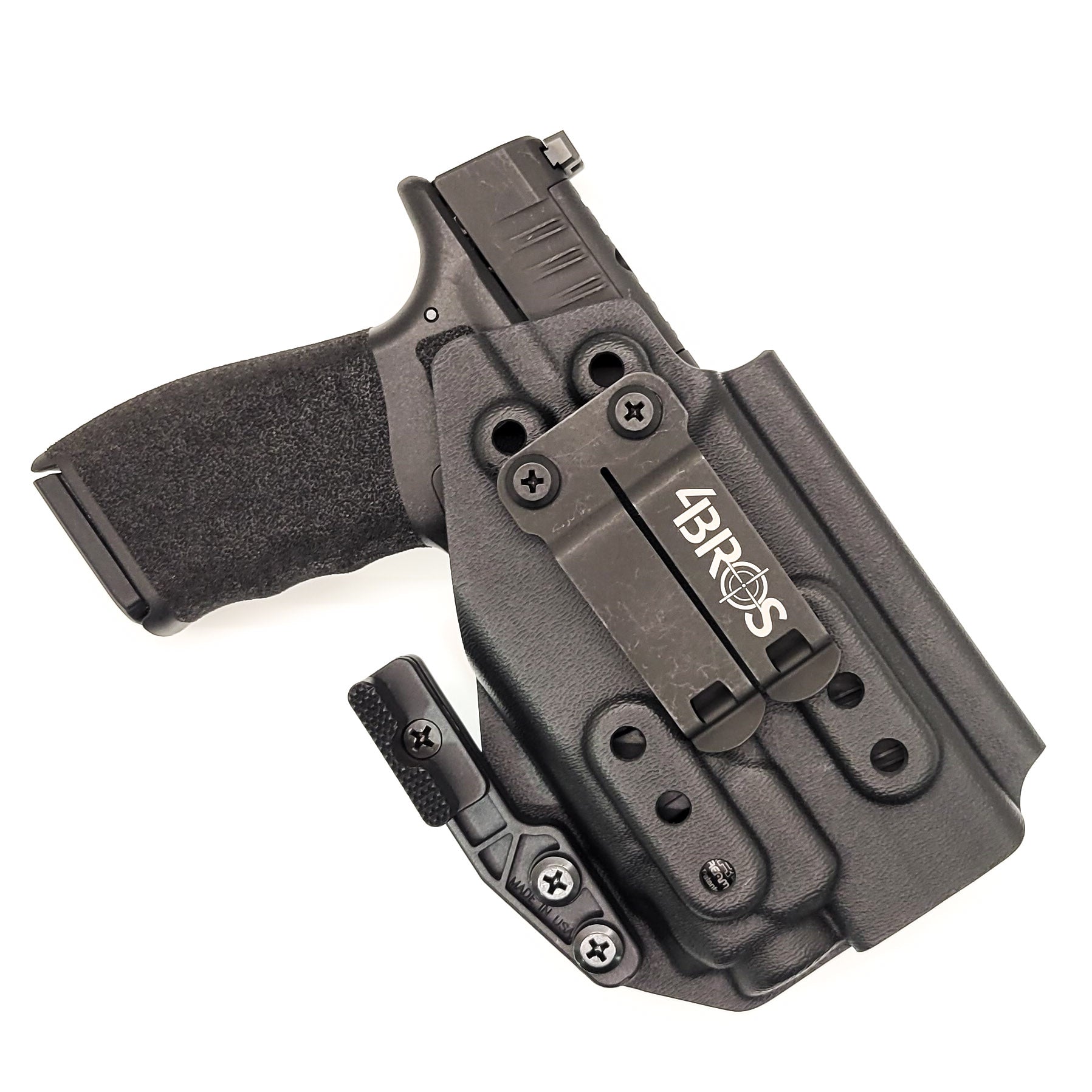 Inside Waistband Holster designed to fit the Springfield Hellcat Pro pistol with the Streamlight TLR-8 & TLR-8A light mounted to the handgun. The holster retention is on the light itself and not the pistol. Full sweat guard, adjustable retention, minimal material, and smooth edges to reduce printing. Made in the USA.