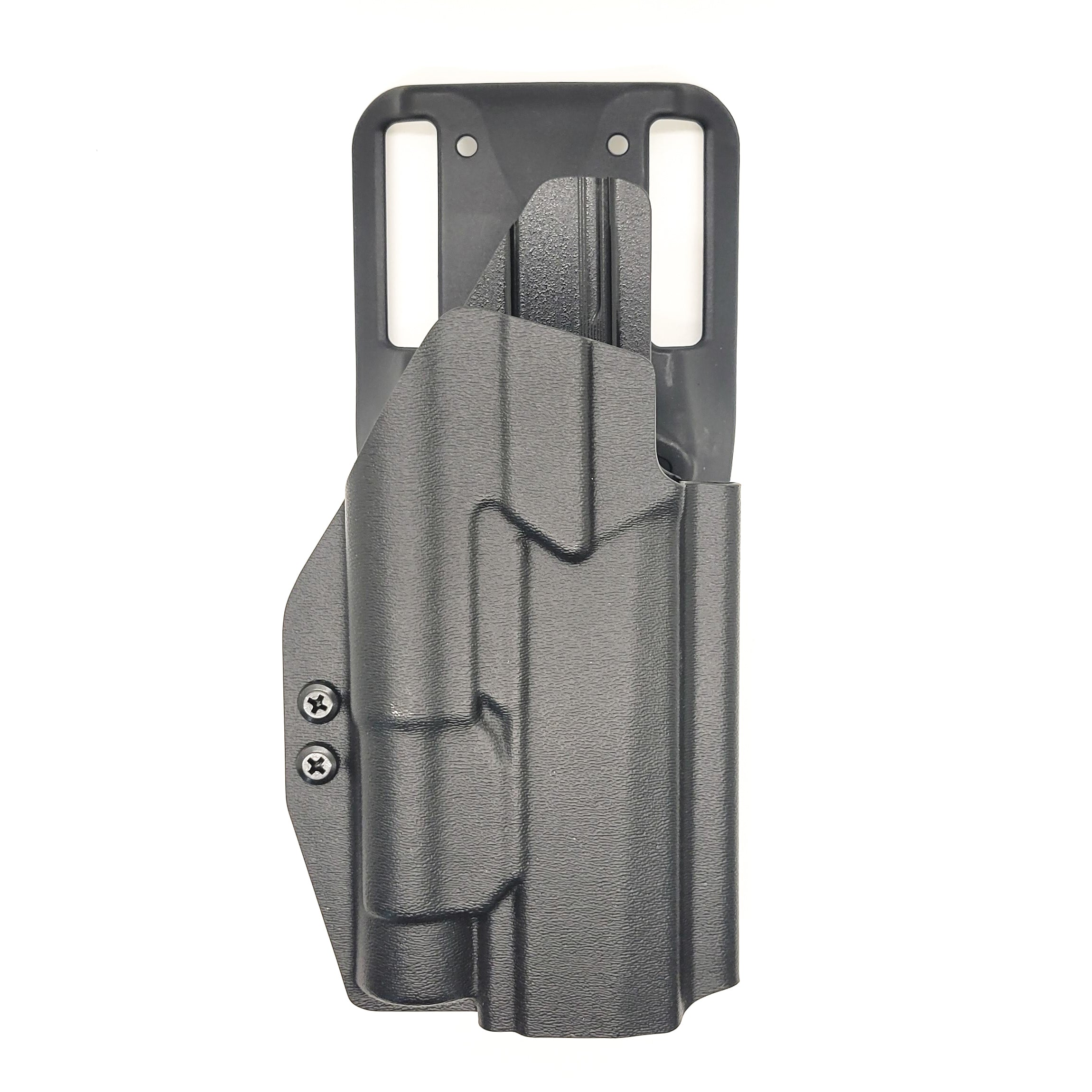 Outside Waistband Holster designed to fit the Full Size and Carry P320 series with Streamlight TLR-1 and TLR-1HL weapon mounted light and GoGuns USA Gas Pedal Holster will accommodate the M17, M18, and X-Five models as well as the Carry and Compact using our competition belt mounting options. Made in USA.