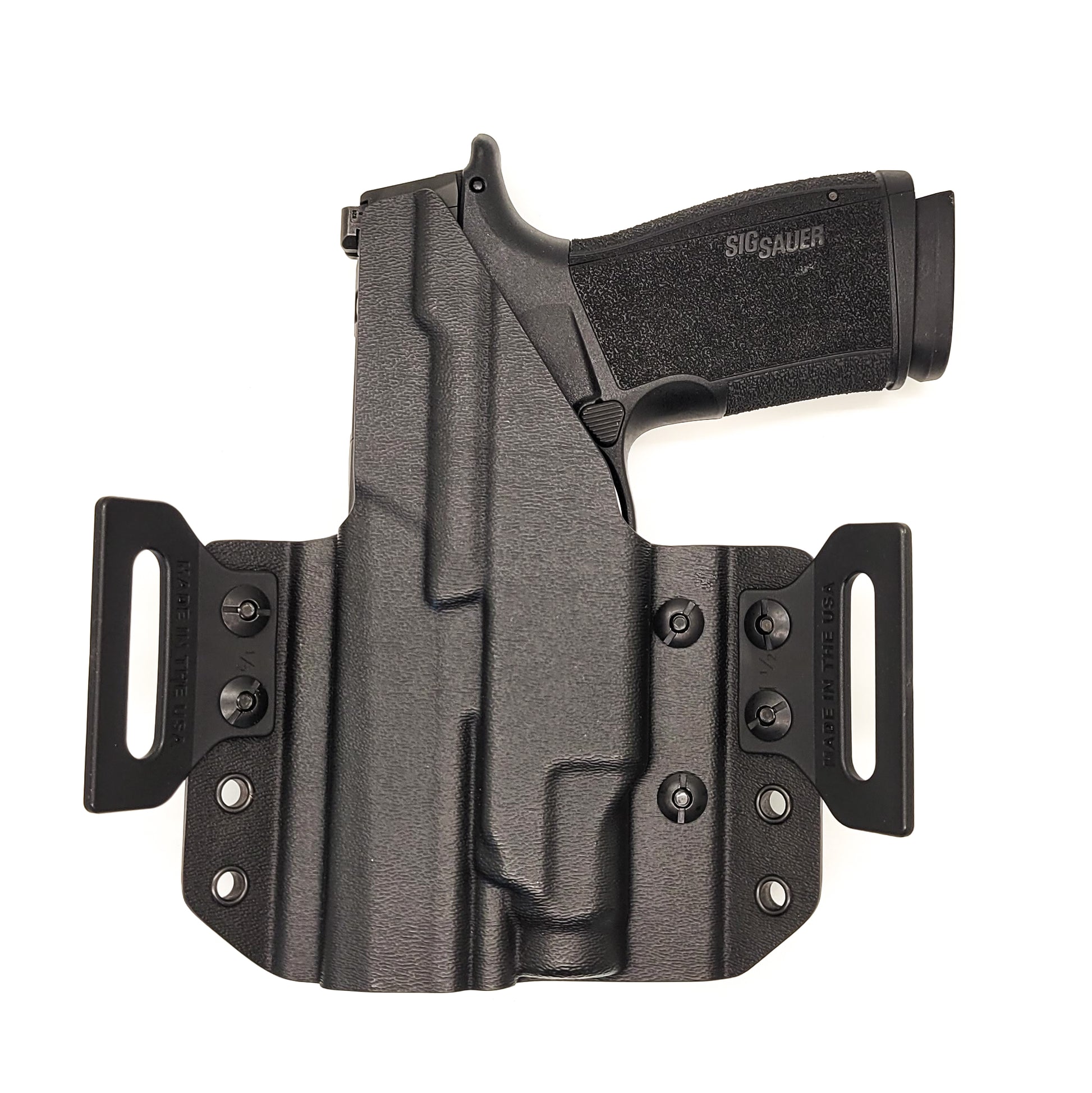 Our Outside Waistband Kydex Pancake holster for the Sig Sauer P365-XMACRO with the Streamlight TLR-7 1913 Sub is vacuum formed with a precision machined mold designed from the firearm and light combination.  Open Muzzle, Full Sweat Guard, Adjustable retention, Optic, and Red Dot ready. Made in USA. P365 P 365 X MACRO