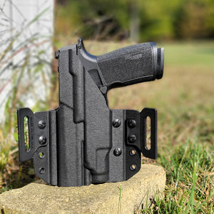 Our Outside Waistband Kydex Pancake holster for the Sig Sauer P365-XMACRO with the Streamlight TLR-7 1913 Sub is vacuum formed with a precision machined mold designed from the firearm and light combination.  Open Muzzle, Full Sweat Guard, Adjustable retention, Optic, and Red Dot ready. Made in USA. P365 P 365 X MACRO