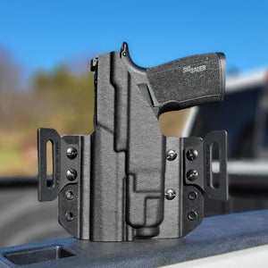 Our Outside Waistband Kydex Pancake holster for the Sig Sauer P365-XMACRO with the Streamlight TLR-7 and TLR-7A is vacuum formed with a precision machined mold designed from the firearm and light combination. Open Muzzle, Full Sweat Guard, Adjustable retention, Optic, and Red Dot ready. Made in USA. P365 P 365 X MACRO