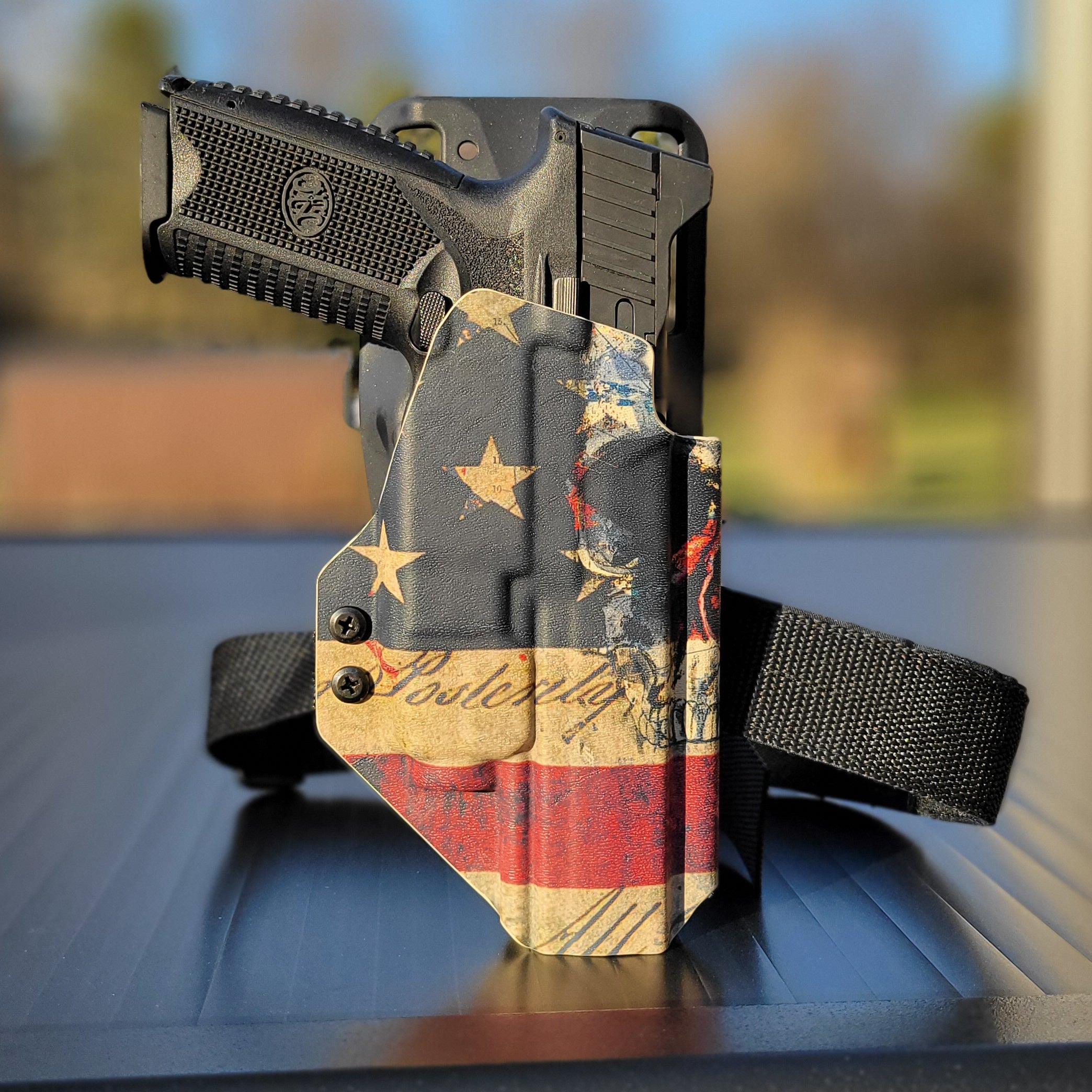 Our Outside Waistband Kydex Duty and Competition Holster is designed to fit the FN 509 LS Edge with the Streamlight TLR-8 or TLR-8A on the pistol. It will fit the Apex Tactical 5.00" Slide and 509 509 Tactical with the TRL-1 attached. Open muzzle Full sweat guard, adjustable retention, cleared for red dot. Made in USA