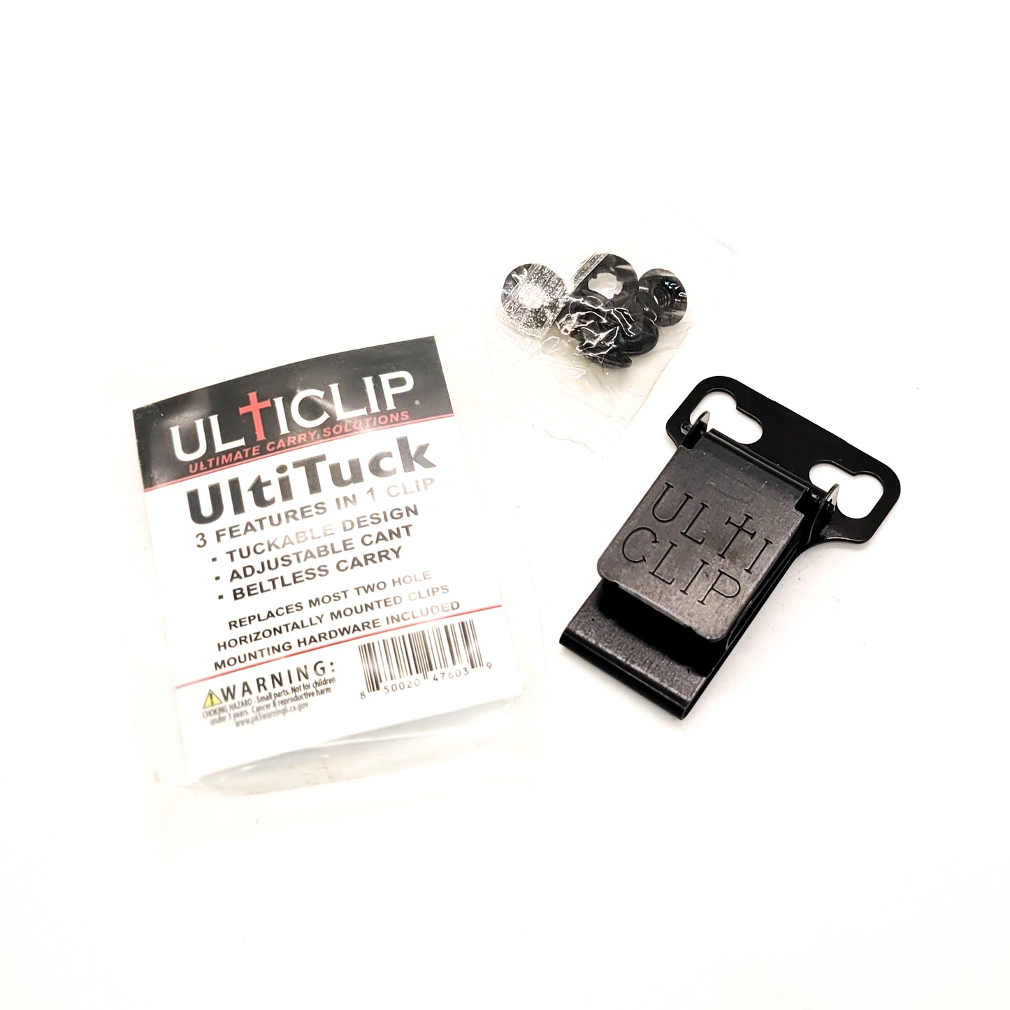 The UltiTuck combines 3 great features into 1 clip. It replaces most two hole horizontally mounted clips while providing these additional features: Tuckable design transforms a traditional holster into a tuckable holster. Beltless carry – The UltiTuck is built to allow for beltless carry and adjustable cant