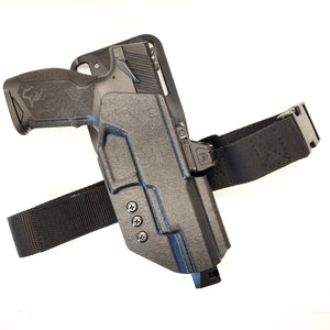 Outside Waistband Duty & Competition Kydex holster designed to fit the TaurusTX 22 Competition Pistol with Blade-Tech Duty Drop and Offset Attachment and a Black 4Bros Thigh Strap. Full sweat guard, adjustable retention, open muzzle, cleared for a red dot sight. Proudly made in the USA. TX 22 TX-22 Taurus