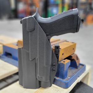 Inside Waistband IWB AIWB Kydex Holster designed to fit the Sig Sauer P320 pistols with the Streamlight TLR-1 or TLR-1 HL light mounted to the pistol. This holster will hold the Full Size, Carry, M18, M17, X-Five, and X-Five Legion as long as they are combined with a TLR-1 series light. X5 X 5 P 320 TLR 1 Open Muzzle
