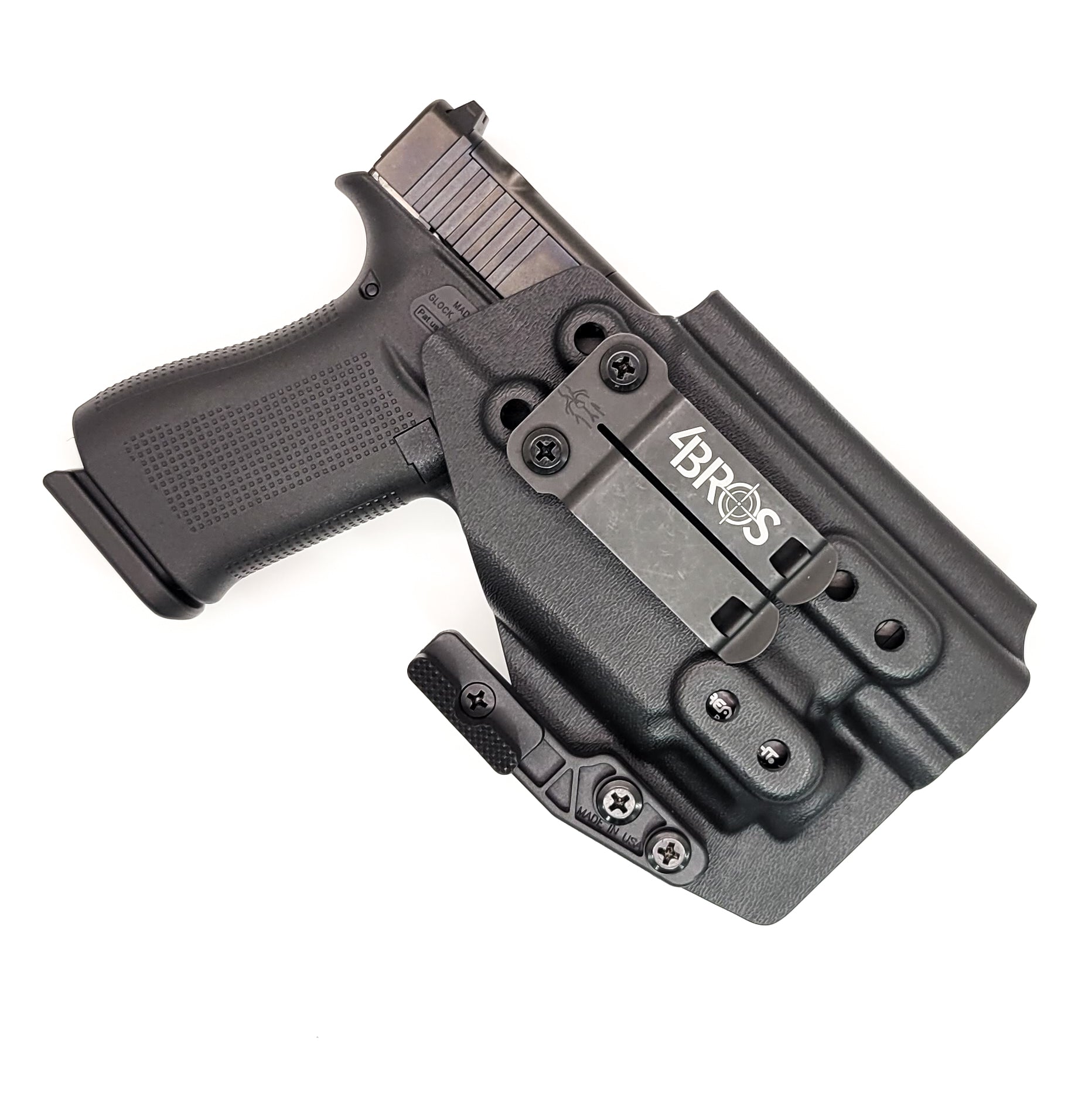 For the best Inside Waistband IWB AIWB Kydex Holster designed to fit the Glock 43X MOS, 48 MOS, 43X Rail, and 48 Rail pistols with Streamlight TLR-8 Sub, shop Four Brothers Holsters.  Full sweat guard, adjustable retention, smooth edges to reduce printing. Made in the USA. Open muzzle and cleared for red dot sights.