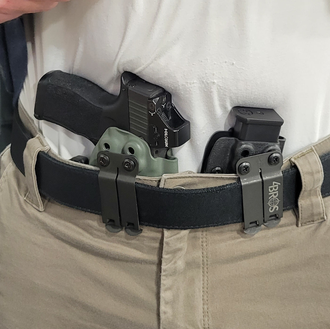 For the Best Kydex IWB AIWB appendix inside waistband magazine pouch for the Glock 43X & 48, shop Four Brothers Holsters.  Suitable for belt widths of 1 1/2" & 1 3/4". Adjustable retention. Appendix Carry IWB Carrier Holster P365X-MACRO, Sig P365XL, Glock 43X & 48, Springfield Hellcat Pro, and Smith & Wesson Equalizer 