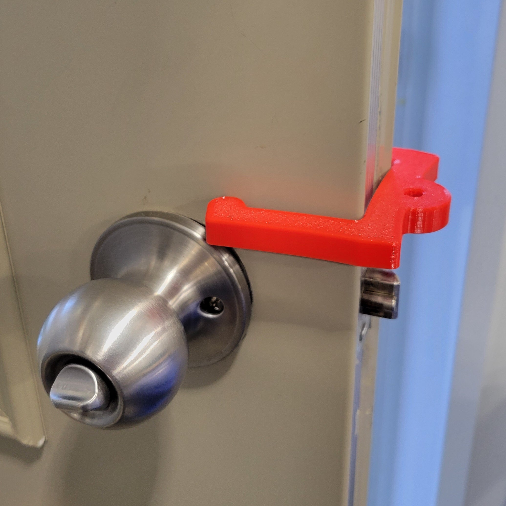 Our 3D-printed Door Check, (sometimes referred to as a Door Stop or Door Jam) is designed to allow any user to keep any door from 1" to 2" thick open by way of friction applied from the flexible nature of the door. The Door Check will also work with thinned doors that have a hinge accessible for Door Check placement.