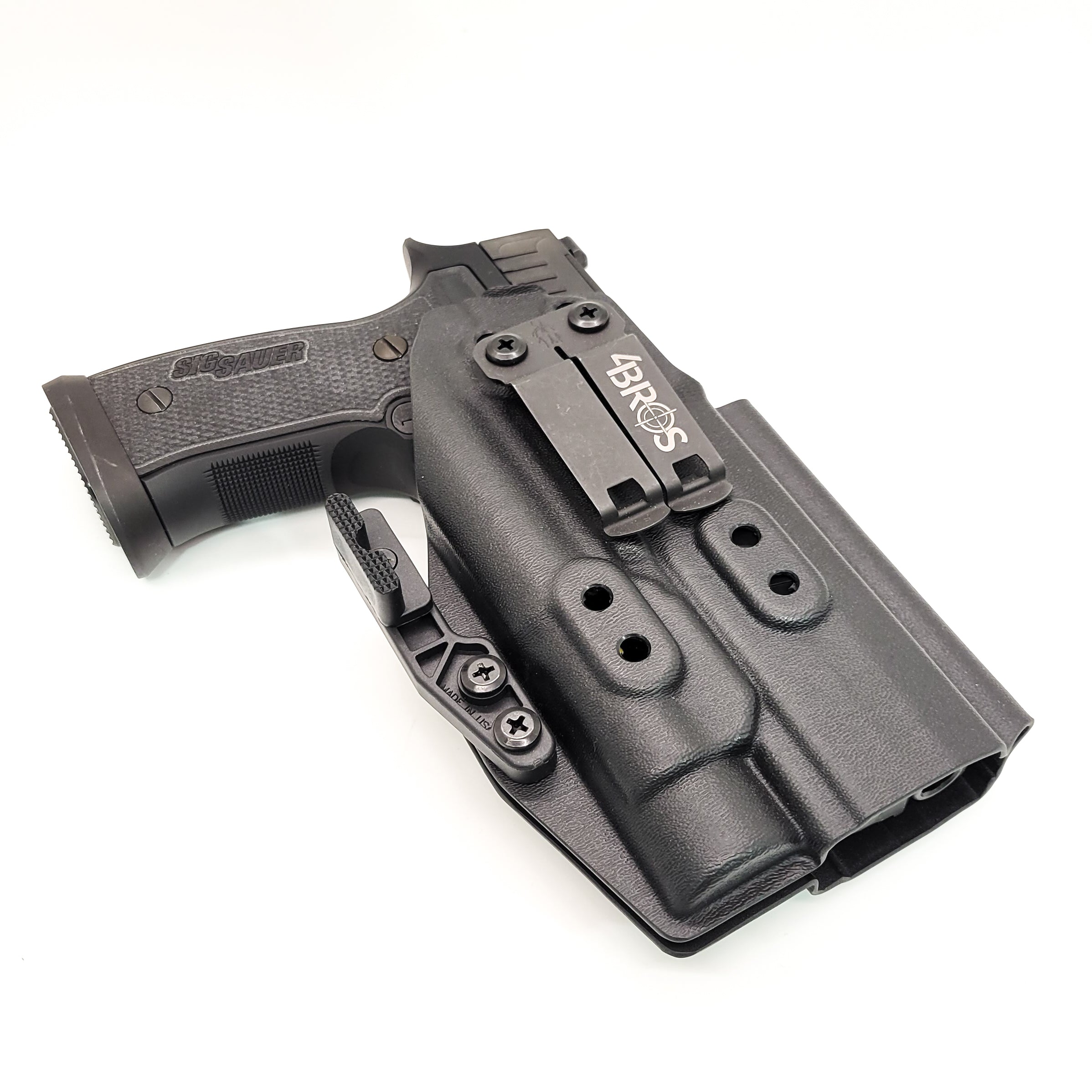 For the best IWB AIWB Inside Waistband Holster designed to fit the Sig Sauer P320 AXG pistols with the Streamlight TLR-1 or TLR-1 HL light, look no further than Four Brothers. This holster will hold the Full Size, Carry, M18, M17, X-Five, and X-Five Legion with a TLR-1 series light. Open Muzzle Adjustable Retention