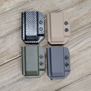 For the Best Kydex OWB Outside Waistband magazine pouch for the Smith & Wesson Shield Plus, shop Four Brothers Holsters. Suitable for belt widths of 1 1/2", 1 3/4". 2" & 2 1/2" Adjustable retention and cant outside waist carrier holster Hellcat Pro, Sig P365XL, Glock 43X & 48, Sig Sauer P365X MACRO, and S&W Equalizer