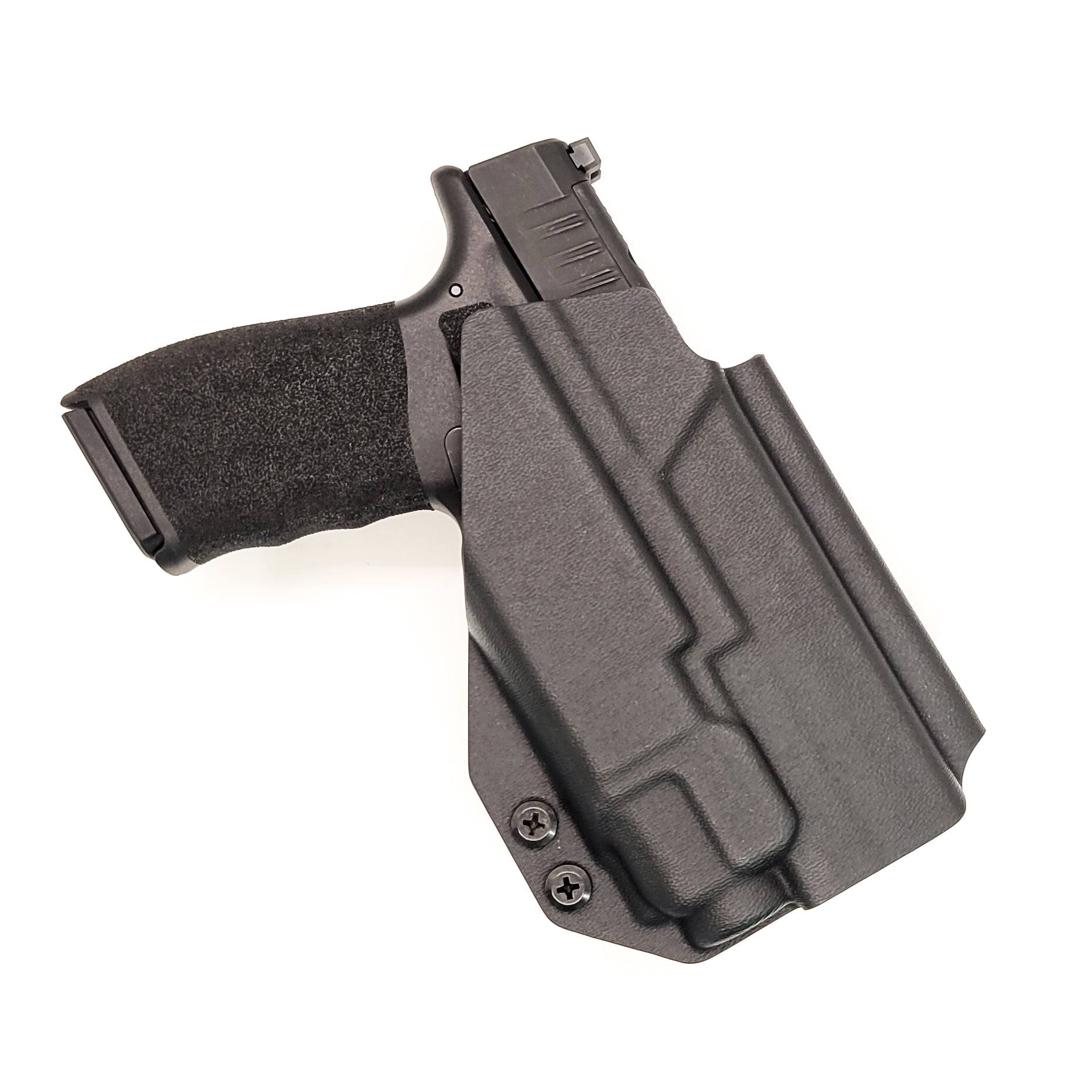 Outside Waistband Holster designed to fit the Springfield Hellcat Pro pistol with the Streamlight TLR-8 & TLR-8A light mounted to the handgun. The holster retention is on the light itself and not the pistol. Full sweat guard, adjustable retention, minimal material, and smooth edges to reduce printing. Made in the USA. 