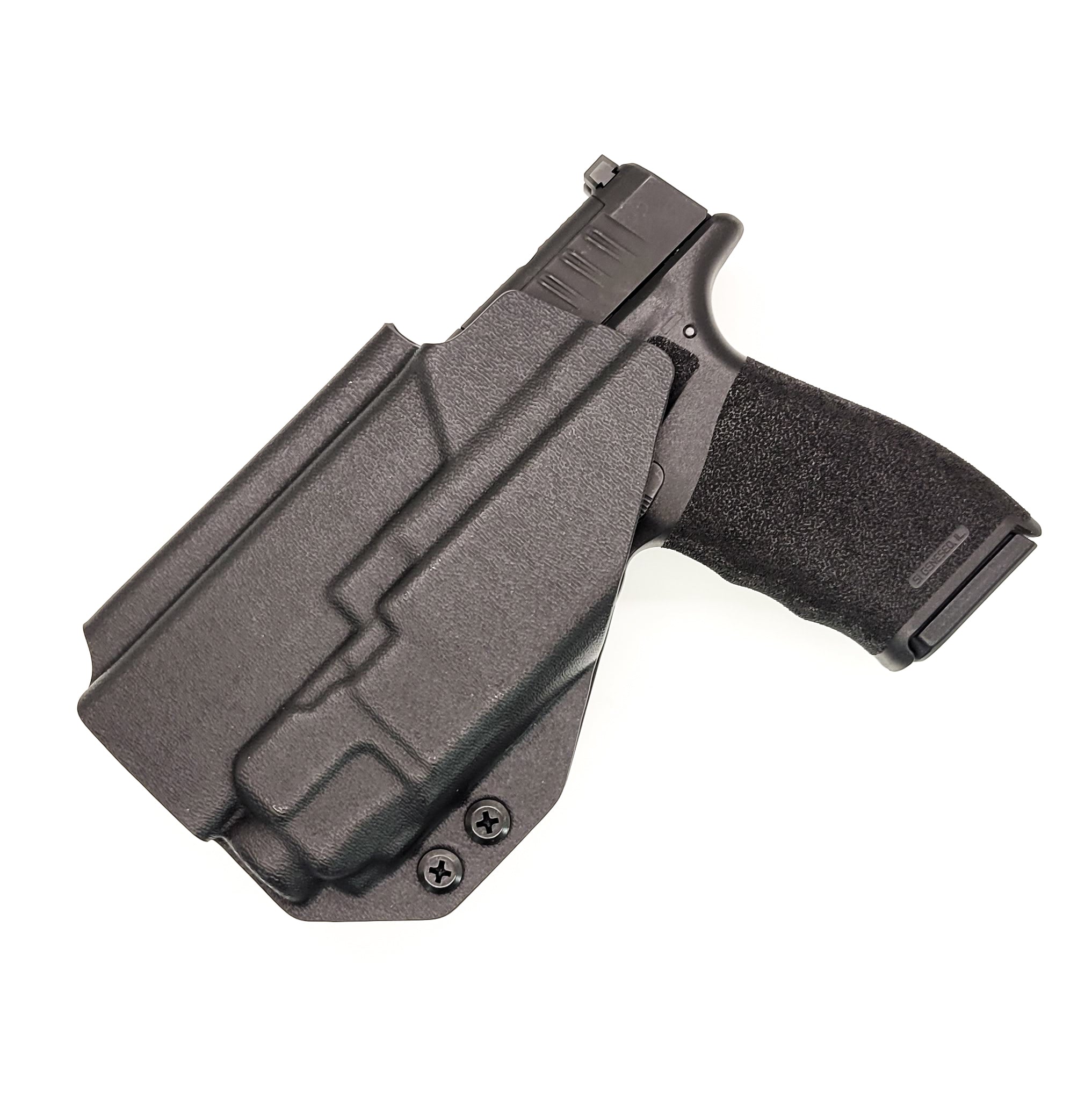 Outside Waistband Holster designed to fit the Springfield Hellcat Pro pistol with the Streamlight TLR-8 & TLR-8A light mounted to the handgun. The holster retention is on the light itself and not the pistol. Full sweat guard, adjustable retention, minimal material, and smooth edges to reduce printing. Made in the USA. 